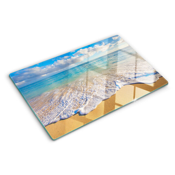 Tagliere in vetro temperato con decoro spiaggia con onde e nuvole
