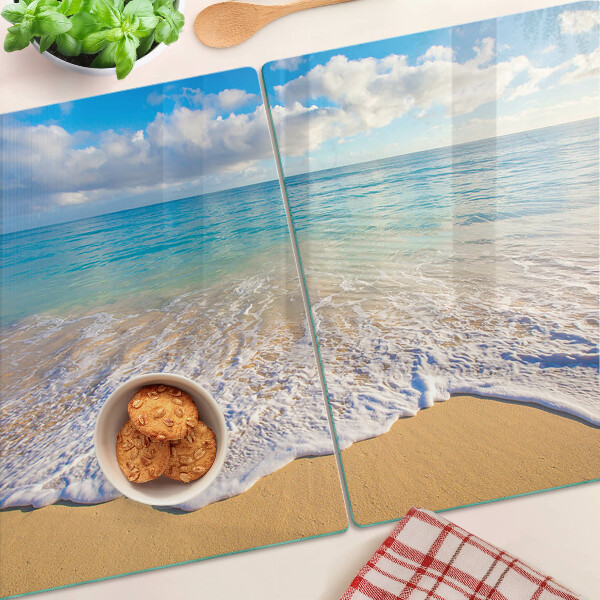 Tagliere in vetro temperato con decoro spiaggia con onde e nuvole