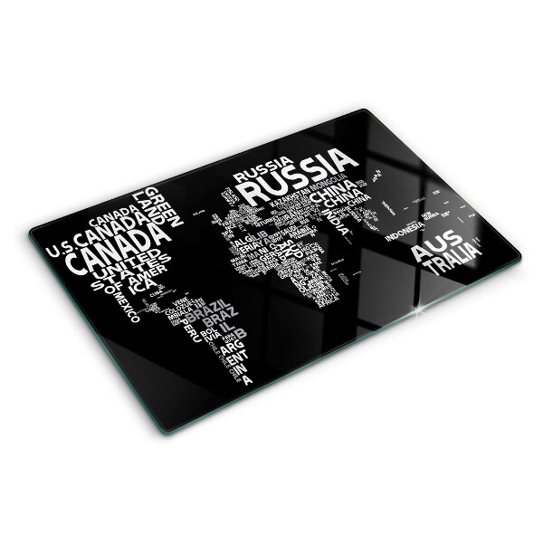 Tagliere in vetro temperato con stampa della mappa del mondo e nomi dei Paesi