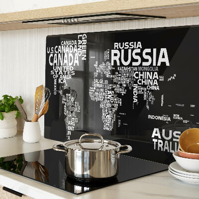 Tagliere in vetro temperato con stampa della mappa del mondo e nomi dei Paesi