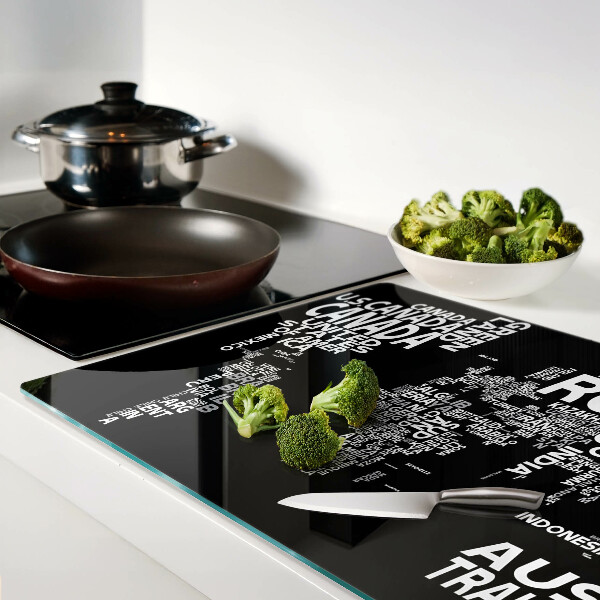 Tagliere in vetro temperato con stampa della mappa del mondo e nomi dei Paesi