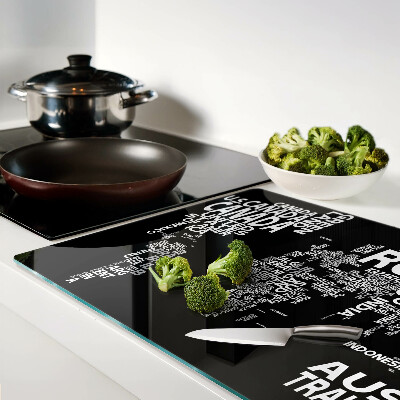 Tagliere in vetro temperato con stampa della mappa del mondo e nomi dei Paesi