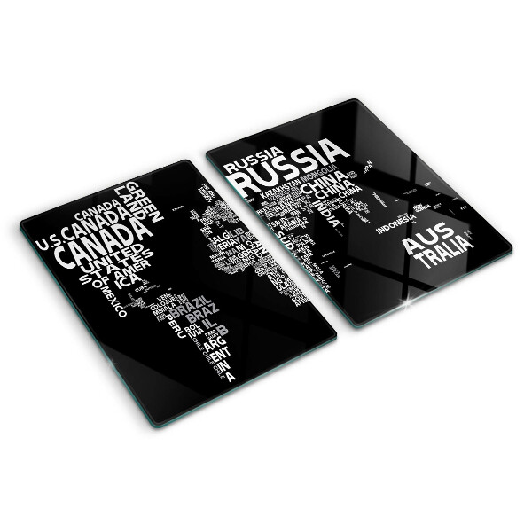 Tagliere in vetro temperato con stampa della mappa del mondo e nomi dei Paesi