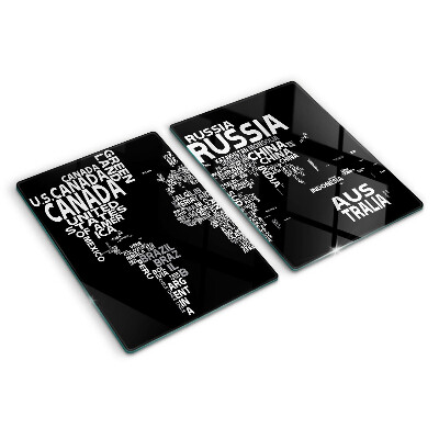 Tagliere in vetro temperato con stampa della mappa del mondo e nomi dei Paesi