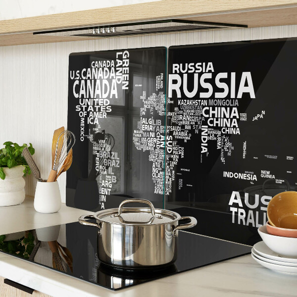 Tagliere in vetro temperato con stampa della mappa del mondo e nomi dei Paesi