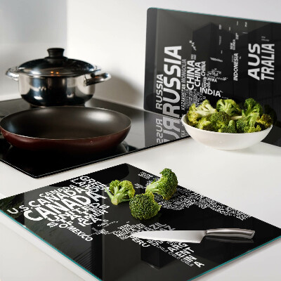 Tagliere in vetro temperato con stampa della mappa del mondo e nomi dei Paesi