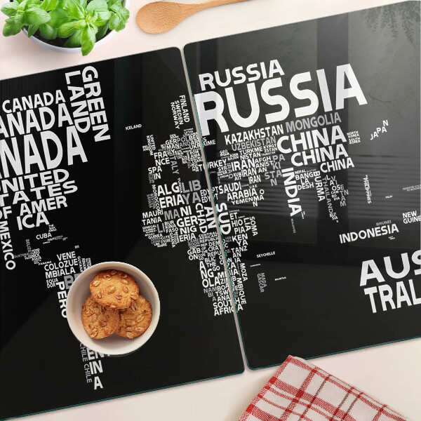 Tagliere in vetro temperato con stampa della mappa del mondo e nomi dei Paesi