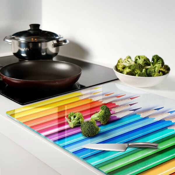 Tagliere in vetro temperato con motivo di matite colorate disposte in fila