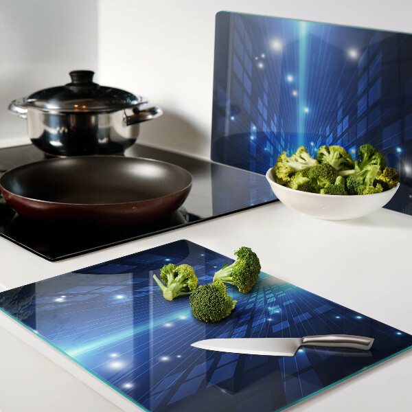 Tagliere in vetro con motivo tecnologico nei toni del blu