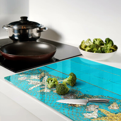 Tagliere in vetro temperato Conchiglie e stelle marine in rete
