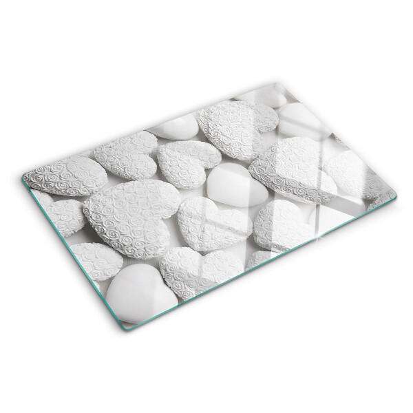 Tagliere in vetro temperato con motivo di cuori bianchi