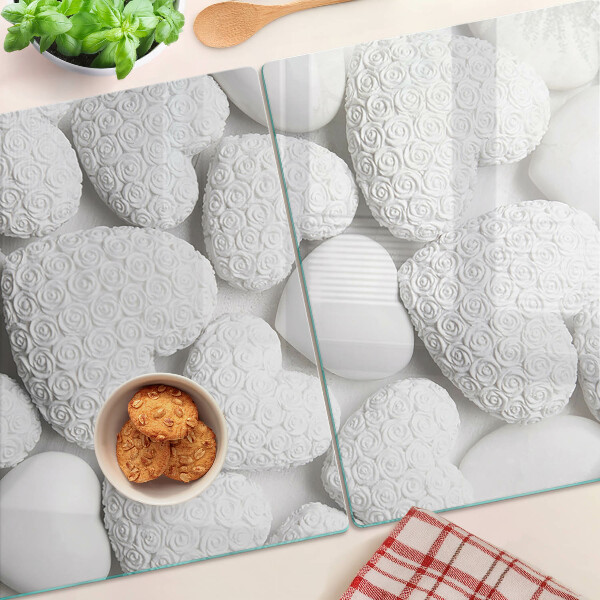 Tagliere in vetro temperato con motivo di cuori bianchi