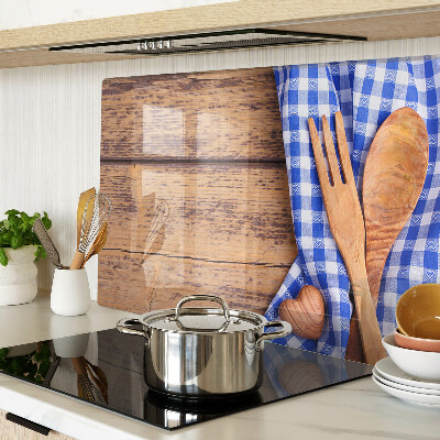 Tagliere in vetro temperato con motivo cucina e accessori in legno