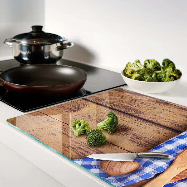 Tagliere in vetro temperato con motivo cucina e accessori in legno