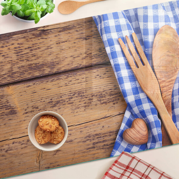 Tagliere in vetro temperato con motivo cucina e accessori in legno