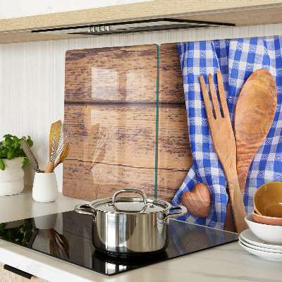 Tagliere in vetro temperato con motivo cucina e accessori in legno