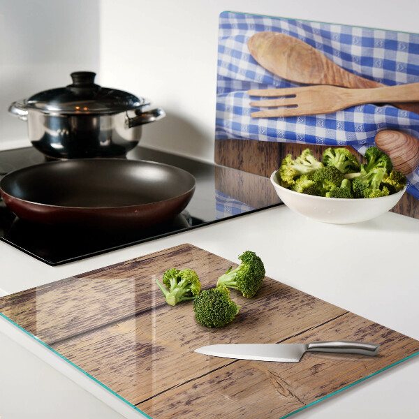 Tagliere in vetro temperato con motivo cucina e accessori in legno