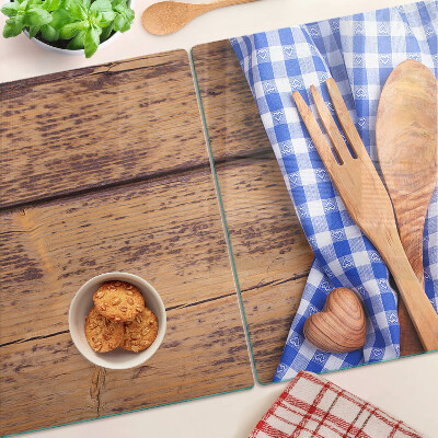 Tagliere in vetro temperato con motivo cucina e accessori in legno