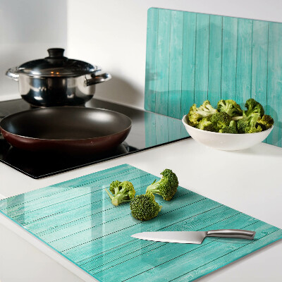Tagliere in vetro temperato con motivo ispirato alle assi del pavimento in tonalità turchese