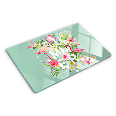 Tagliere in vetro con decorazione a fiori estivi e fenicotteri