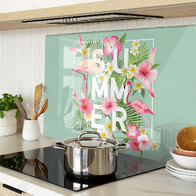 Tagliere in vetro con decorazione a fiori estivi e fenicotteri