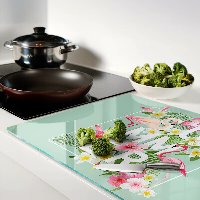 Tagliere in vetro con decorazione a fiori estivi e fenicotteri