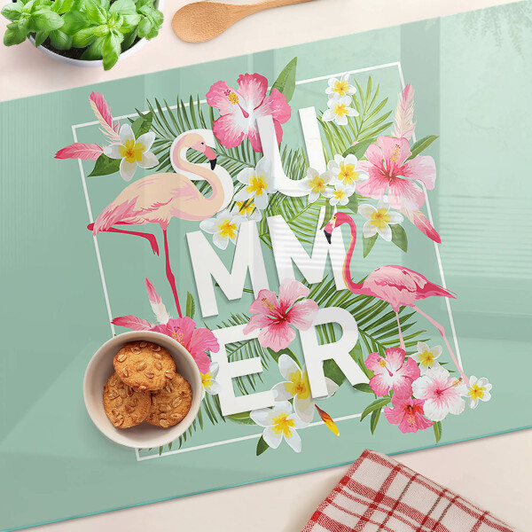 Tagliere in vetro con decorazione a fiori estivi e fenicotteri