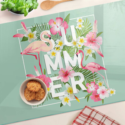 Tagliere in vetro con decorazione a fiori estivi e fenicotteri