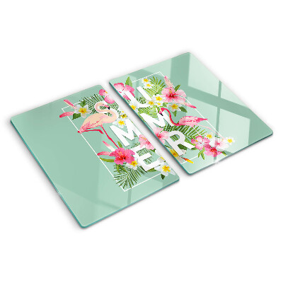 Tagliere in vetro con decorazione a fiori estivi e fenicotteri