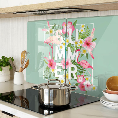 Tagliere in vetro con decorazione a fiori estivi e fenicotteri