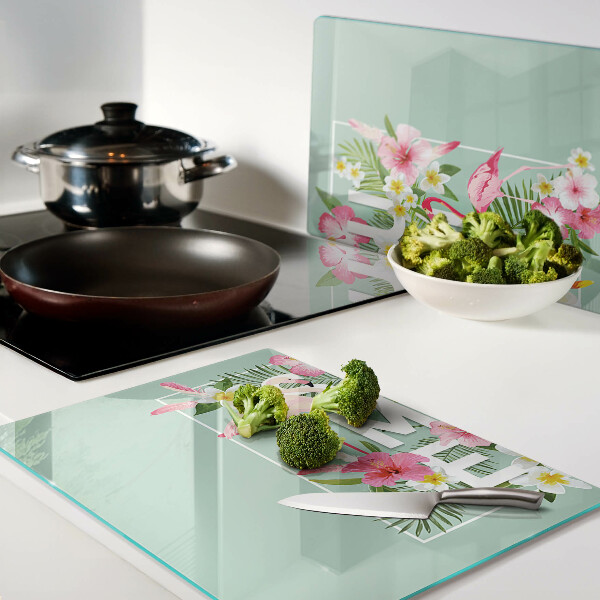 Tagliere in vetro con decorazione a fiori estivi e fenicotteri