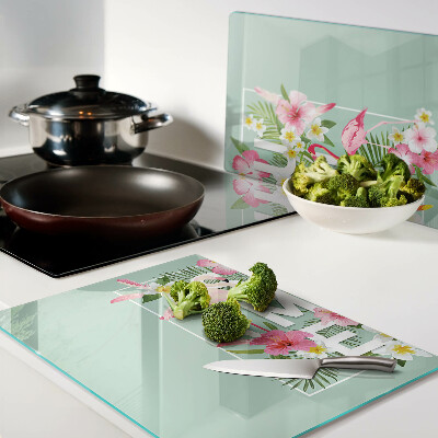 Tagliere in vetro con decorazione a fiori estivi e fenicotteri