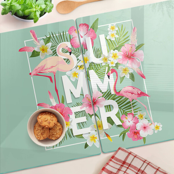 Tagliere in vetro con decorazione a fiori estivi e fenicotteri