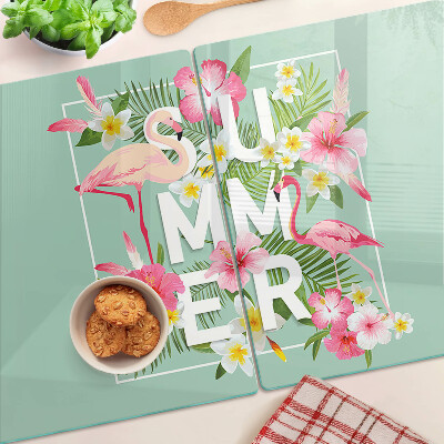 Tagliere in vetro con decorazione a fiori estivi e fenicotteri