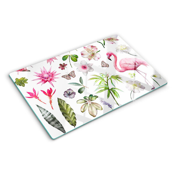 Tagliere in vetro con motivo tropicale di fiori e uccelli