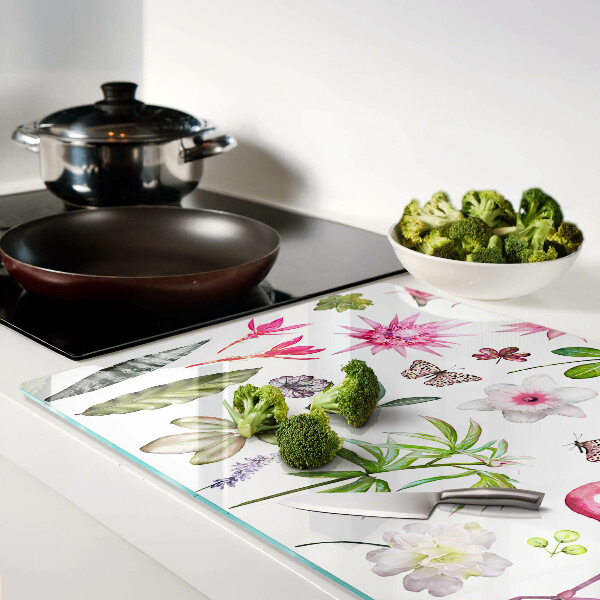 Tagliere in vetro con motivo tropicale di fiori e uccelli