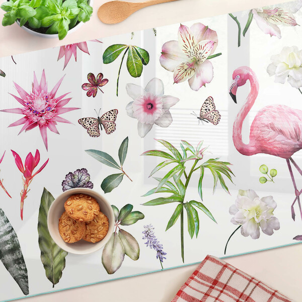 Tagliere in vetro con motivo tropicale di fiori e uccelli