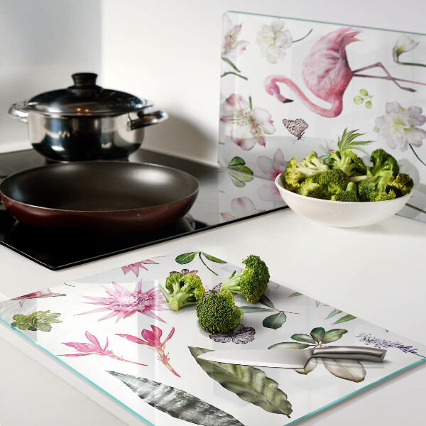 Tagliere in vetro con motivo tropicale di fiori e uccelli