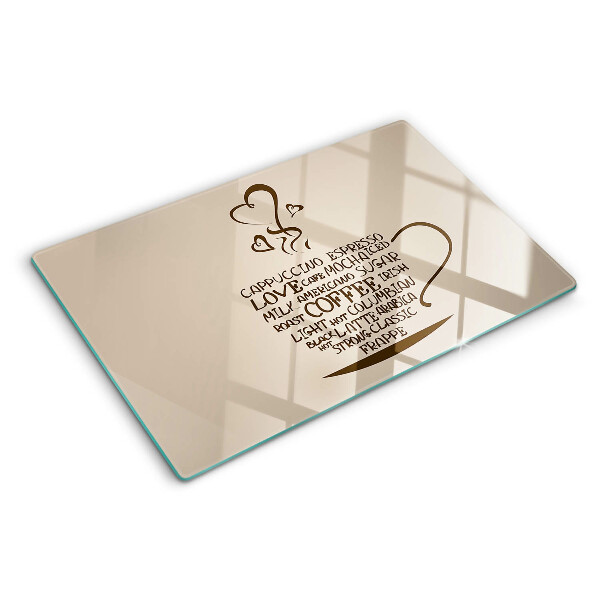 Tagliere in vetro con decorazione a tema caffè e cuore