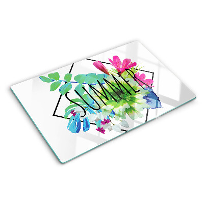 Tagliere in vetro Fiori estivi con scritta 