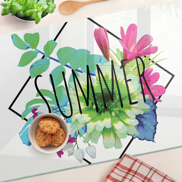 Tagliere in vetro con motivo di fiori estivi e la scritta 