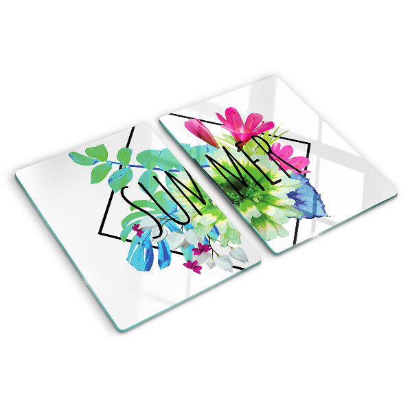 Tagliere in vetro con motivo di fiori estivi e la scritta 