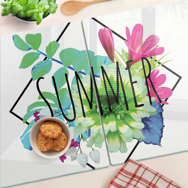 Tagliere in vetro con motivo di fiori estivi e la scritta 