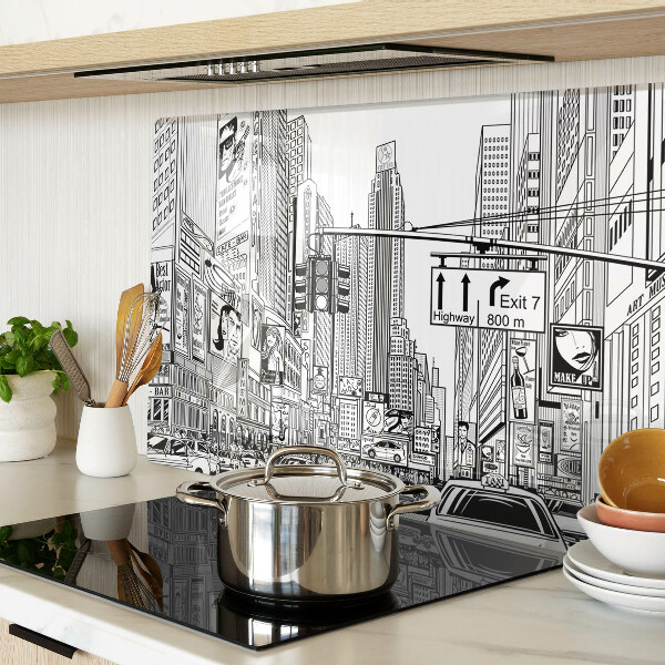 Tagliere in vetro con stampa in stile fumetto ispirata a New York