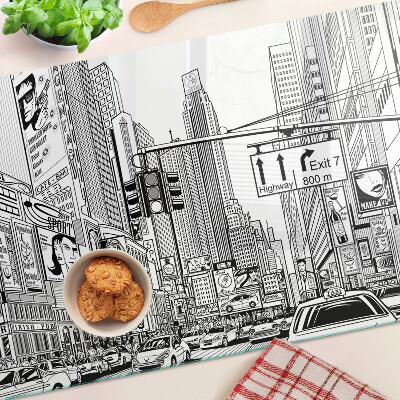 Tagliere in vetro con stampa in stile fumetto ispirata a New York