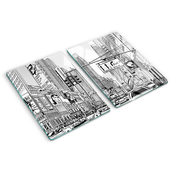 Tagliere in vetro con stampa in stile fumetto ispirata a New York