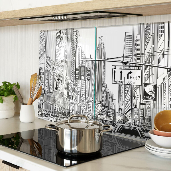 Tagliere in vetro con stampa in stile fumetto ispirata a New York