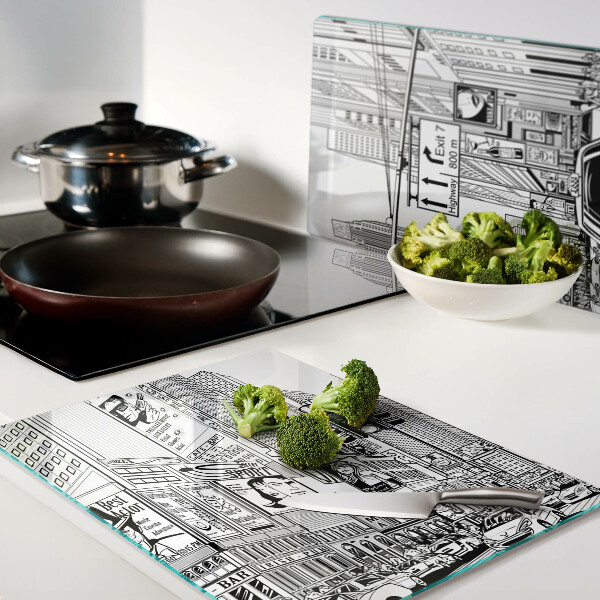 Tagliere in vetro con stampa in stile fumetto ispirata a New York
