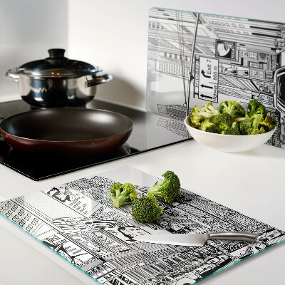 Tagliere in vetro con stampa in stile fumetto ispirata a New York
