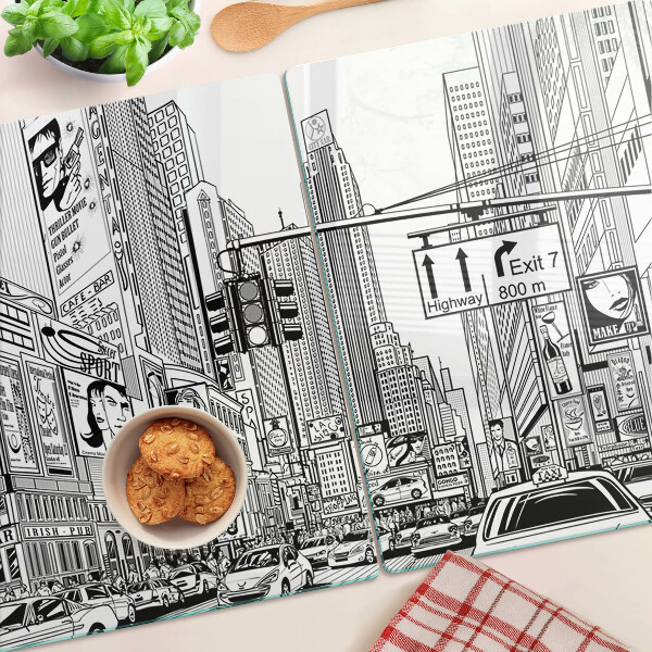 Tagliere in vetro con stampa in stile fumetto ispirata a New York